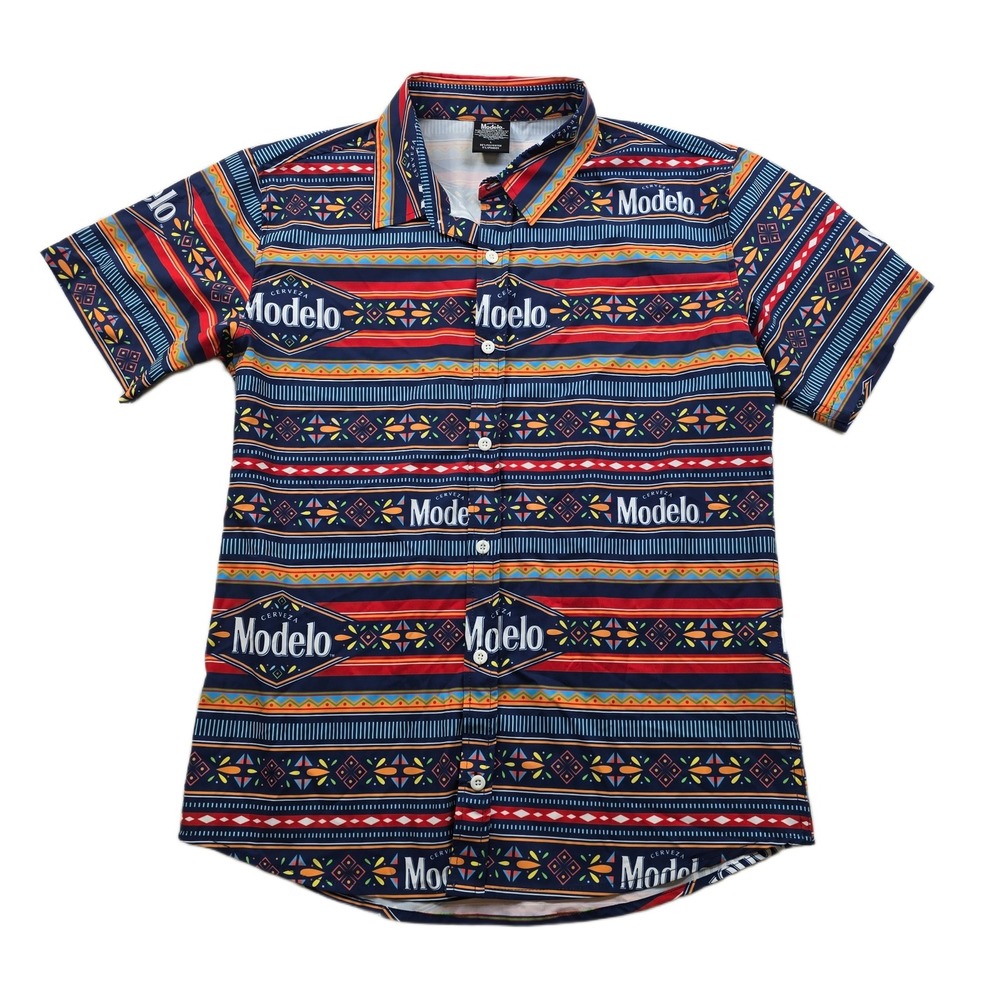 Modelo Button Down Shirt Mens Large Multicolor Stretch Beer Brewery Logo Promo